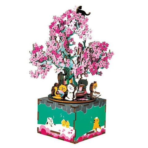 Robotime 148pcs Rotatable DIY 3D Cherry Tree Cat Wooden Puzzle Game Assembly Music Box Toy Gift for Children Kids Adult AM409
